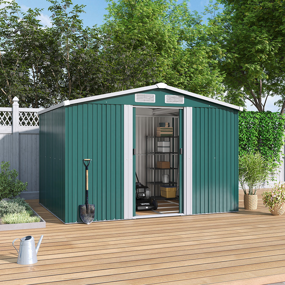 6x8ft green metal garden storage shed with gable roof and double sliding doors in backyard